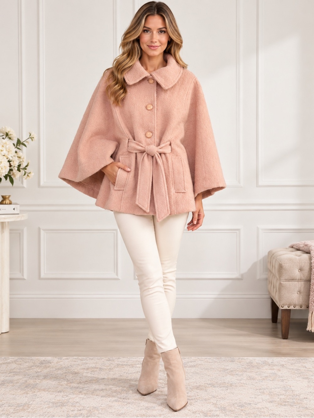 Jessica Simpson Wool Blend Pink Tie-Waist Kimono Cape Size M